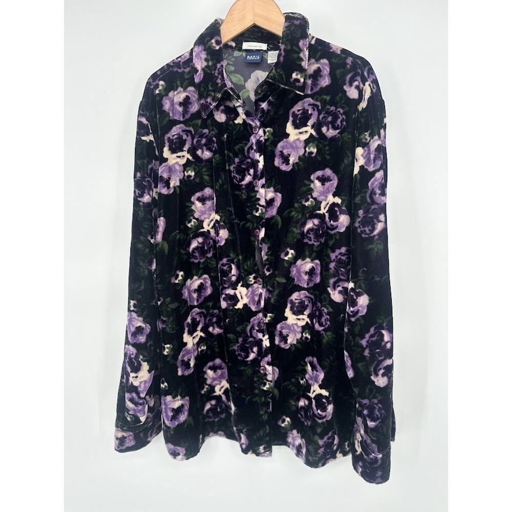 VTG‎ Basic Editions Womens L Velour Button Up Shirt Grunge Goth Romantic Floral